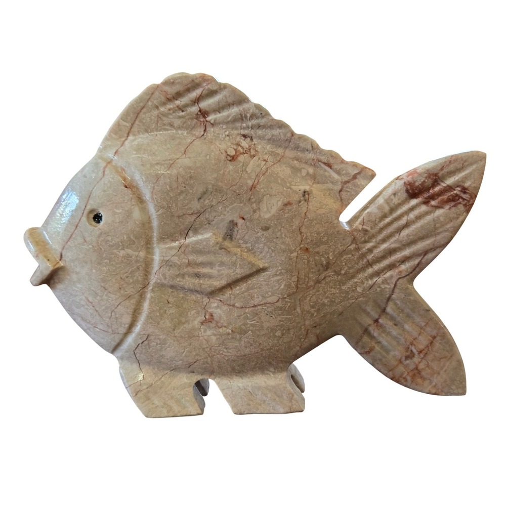 Vintage Coastal Modernist Hand Carved Soapstone Fish Figurine Pink Tan Veined